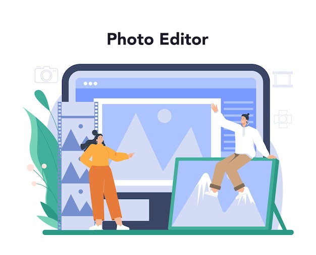 Vector photographer online service or platform professional photographer with camera taking pictures in a studio online photo editor flat vector illustration