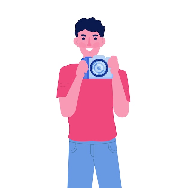 Photographer or paparazzi character, using photocamera concept. Vector flat style illustration.