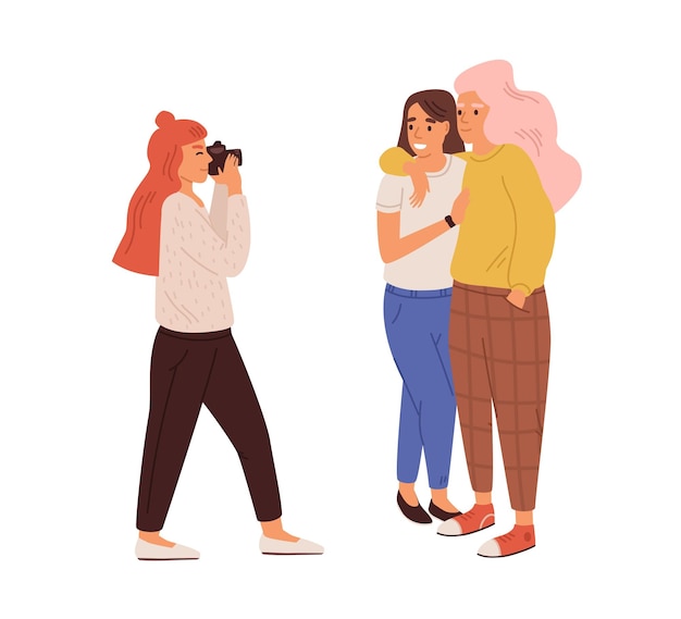 Photographer taking photo of lesbian love couple. Young woman with camera shooting portrait of smiling female friends. Colored flat vector illustration of photoshoot isolated on white background.