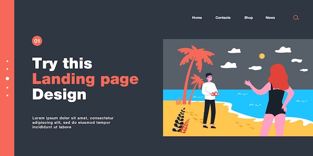 Photographer taking picture of woman on seashore. Man holding camera, photoshoot on beach flat vector illustration. Photography, holiday, vacation concept for banner, website design or landing page