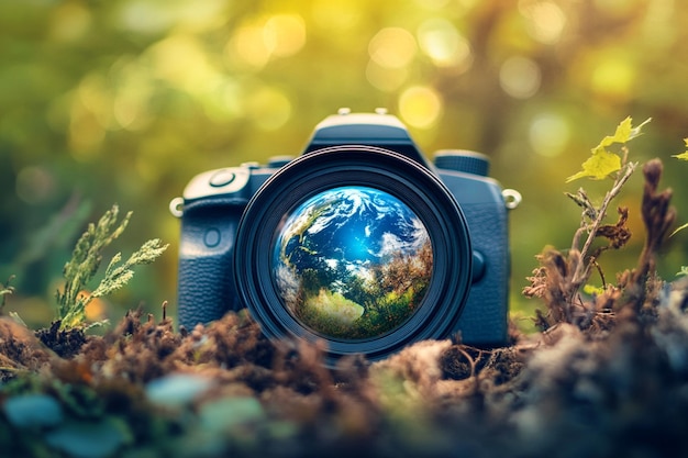 Vector photographer with his camera photography day concept image camera in hand on sunset and meadow back