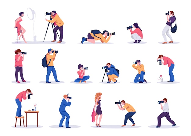 Photographers Cartoon men and women shoot photographs People taking pictures of celebrity and models food or plants Professional cameras and studio equipment Vector paparazzi set