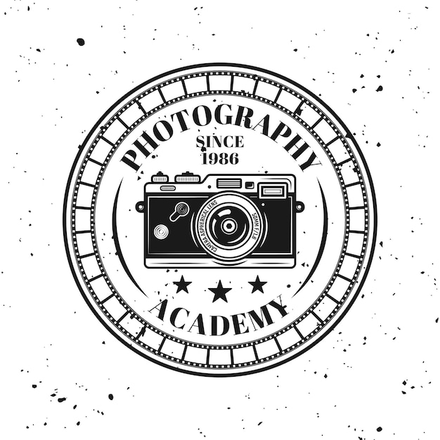 Vector photography academy vector round emblem, label, badge or logo in vintage monochrome style isolated on background with removable grunge texture