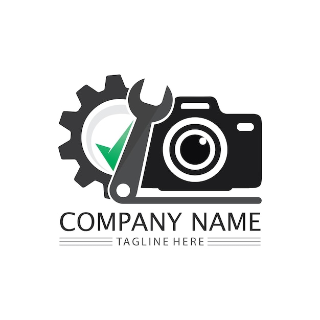 Photography camera logo icon vector design template isolated on black background