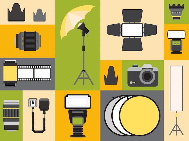 Photography supply icons in colorful collage,   illustration. Set of flat style stickers, professional photo equipment emblems. Camera, lens, flash and reflector