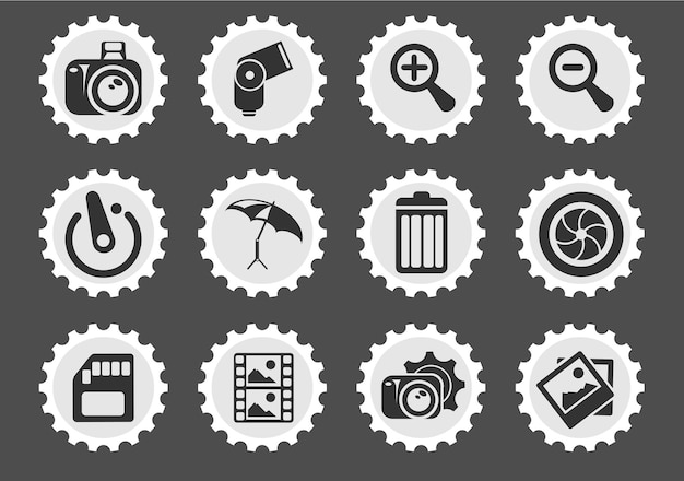 Photography Symbols icons on stylized round postage stamps