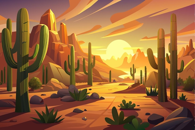 A photorealistic 3D scene of a Saguaro cactus forest bathed in the warm glow of the midday sun