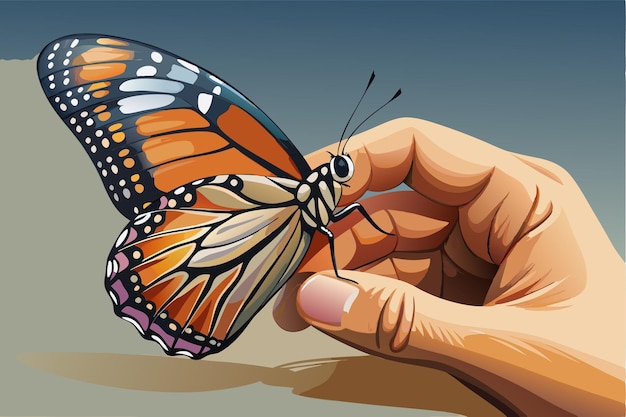 Vector photorealistic depiction of butterfly perched on fingertip its delicate legs clinging to the skin