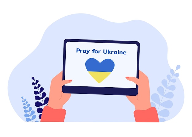 Phrase pray for Ukraine on tablet screen. Female hands holding tablet with heart in colors of Ukrainian flag flat vector illustration. Freedom, peace, nation concept