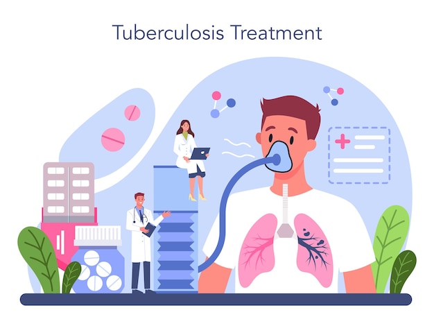 Phthisiatrician concept Doctor standing at big lungs and checking it with stethoscope Healthy pulmonary system Tuberculosis treatment Isolated flat vector illustration