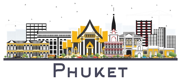 Phuket Thailand City Skyline with Color Buildings Isolated on White. Vector Illustration. Business Travel and Tourism Concept with Modern Architecture. Phuket Cityscape with Landmarks.