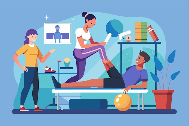 Vector a physical therapist assists a patient with a leg exercise on a semi flat surface in a bright setting physical therapy exercise customizable semi flat illustration