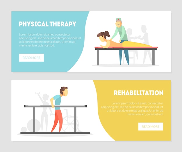 Vector physical therapy rehabilitation landing page physiotherapy horizontal banners set physical training and rehabilitation exercises massage vector illustration web design