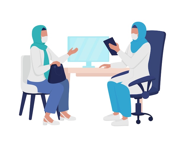 Physician-patient interaction semi flat color vector characters. Full body people on white. Visiting medical doctor isolated modern cartoon style illustration for graphic design and animation