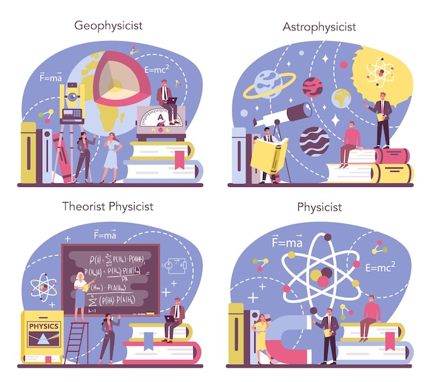 Vector physicist concept set. scientist explore electricity, magnetism, light wave and forces. geophysicist, astrophysicist, theoretical and practical study. isolated vector illustration