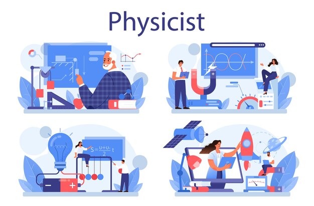 Vector physicist concept set. scientist explore electricity, magnetism, light wave