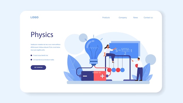 Physicist web banner or landing page. Scientist explore electricity, magnetism, light wave and forces. Geophysicist, astrophysicist, theoretical and practical study. Isolated vector illustration