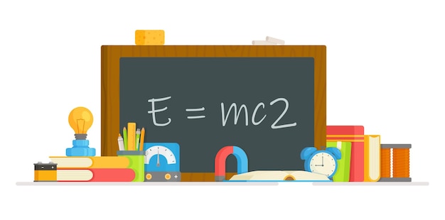 Physics class.   illustration of conducting an experiment with physical instruments. Formula.