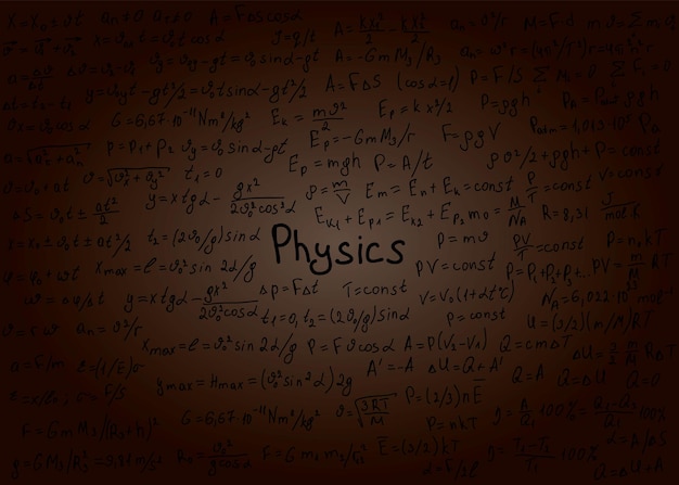 Physics formulas drawn by hand on the black chalkboard for the background. Vector illustration.