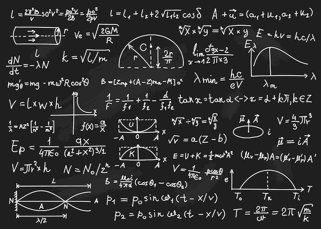 Physics formulas Mathematical equations arithmetic calculations Blackboard with scientific formulas