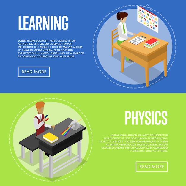 Physics and language studying at school banner web set