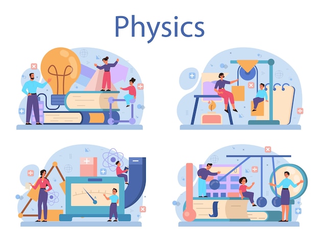 Vector physics school subject concept set. scientist explore electricity, magnetism, light wave and forces. theoretical and practical study. physics course and lesson.   