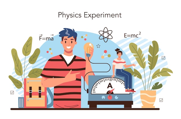 Vector physics school subject concept. students explore electricity, magnetism, light wave and forces. theoretical and practical study. physics course and lesson. isolated vector illustration