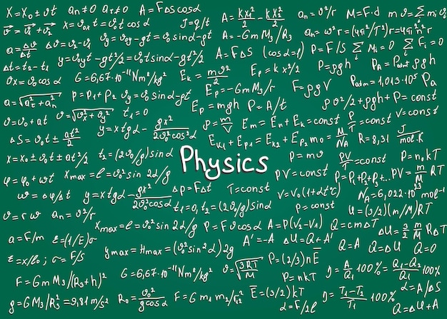 Physics white formulas drawn by hand on a green chalkboard for the background