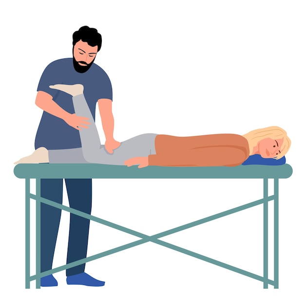 Physiotherapy rehabilitation assistance Patient lying on massage table therapist doing healing