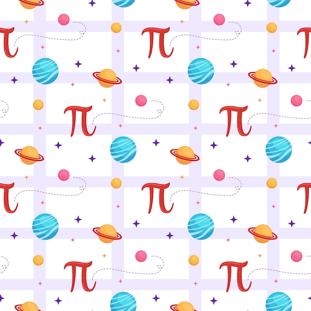 Pi Day Seamless Pattern with Mathematical Constants or Baked Pie in Template Hand Drawn Illustration