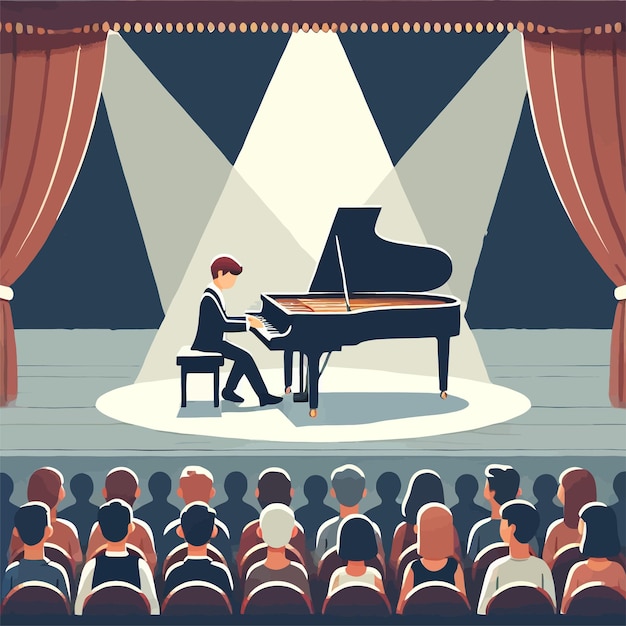 Pianist and audience on stage in a flat design illustration