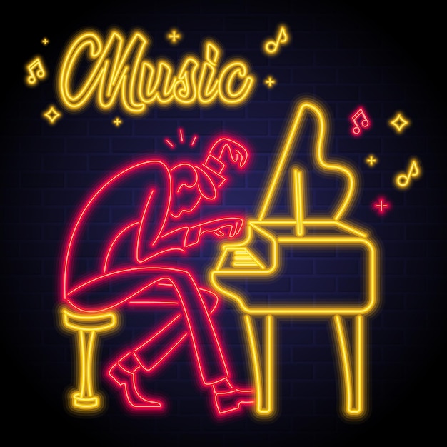 Pianist musician with neon light elements Jazz music and music notes with bright elements