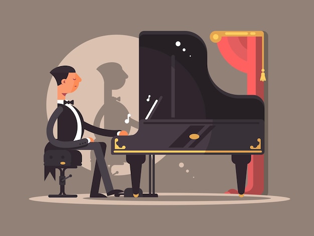 Vector pianist performs at concert. famous composer performance. vector flat illustration