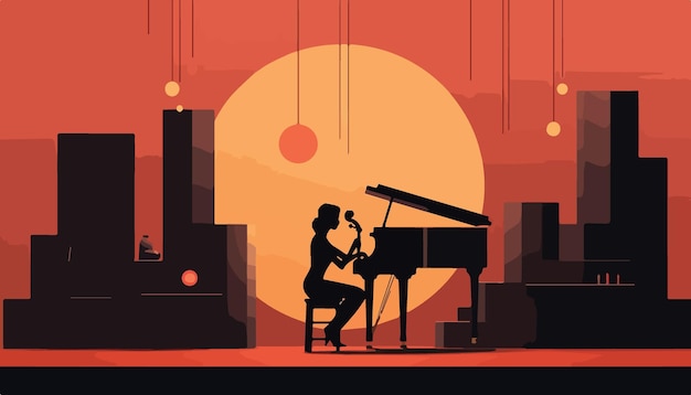 Vector pianist playing a grand piano at sunset vector illustration