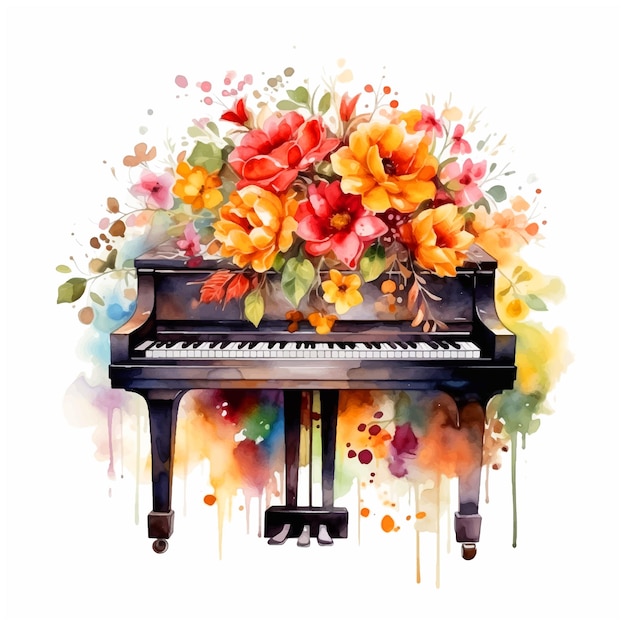 Piano and flowers watercolor paint