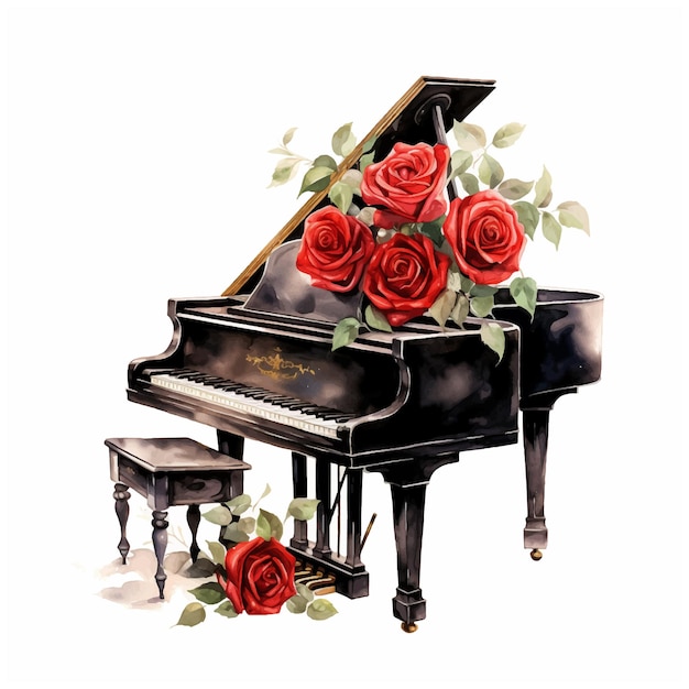 Piano and flowers watercolor paint