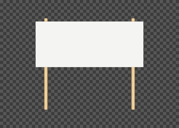 Picket banner frame Blank demonstration banner mock up Empty protest placard with wooden poles Realistic politic strike board mockup Vector illustration isolated on transparent background