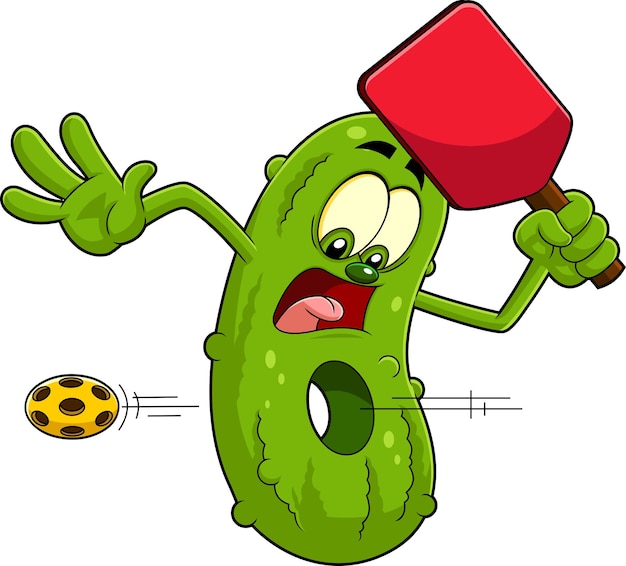 Pickle Cartoon Character With A Hole In His Body From A Pickleball Ball Going Through Him