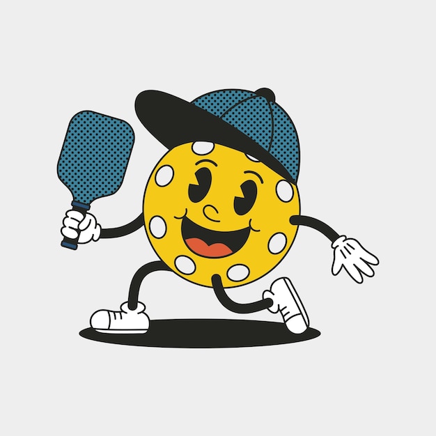 Vector pickleball ball mascot in cap with racket. funny cartoon character. trendy vector illustration.