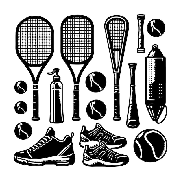 Vector pickleball equipment set silhouettes tennis set vector isolated on a white background illustration