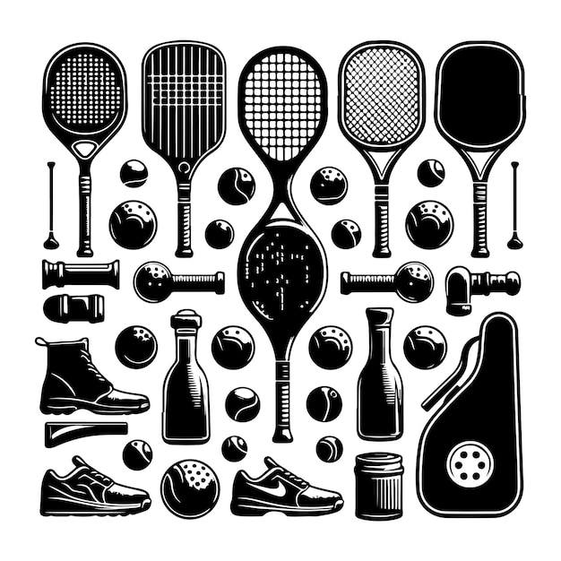 Vector pickleball equipment set silhouettes tennis set vector isolated on a white background illustration