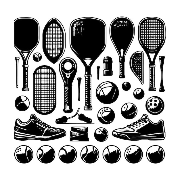 Vector pickleball equipment set silhouettes tennis set vector isolated on a white background illustration