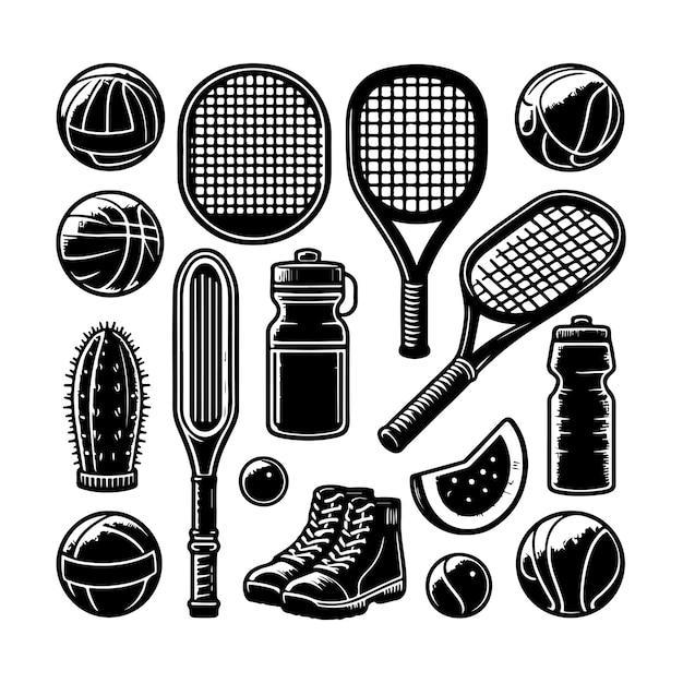 Vector pickleball equipment set silhouettes tennis set vector isolated on a white background illustration