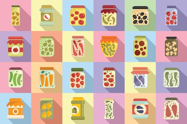 Pickled products icons set flat vector Autumn canned