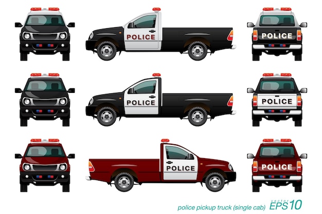 pickup truck police car with red siren, template isolated on white background.