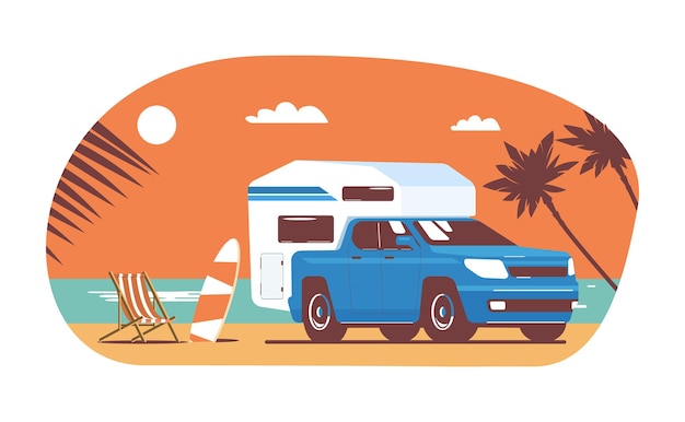 Pickup truck with a touring trailer mounted in the back on background of abstract tropical landscape. Vector illustration.