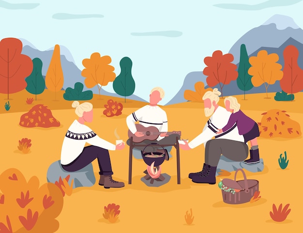 Picnic in autumn countryside semi flat . Fall woods. Holiday in seasonal forest. Cook food in pot, play guitar recreation. Relatives 2D cartoon characters for commercial use