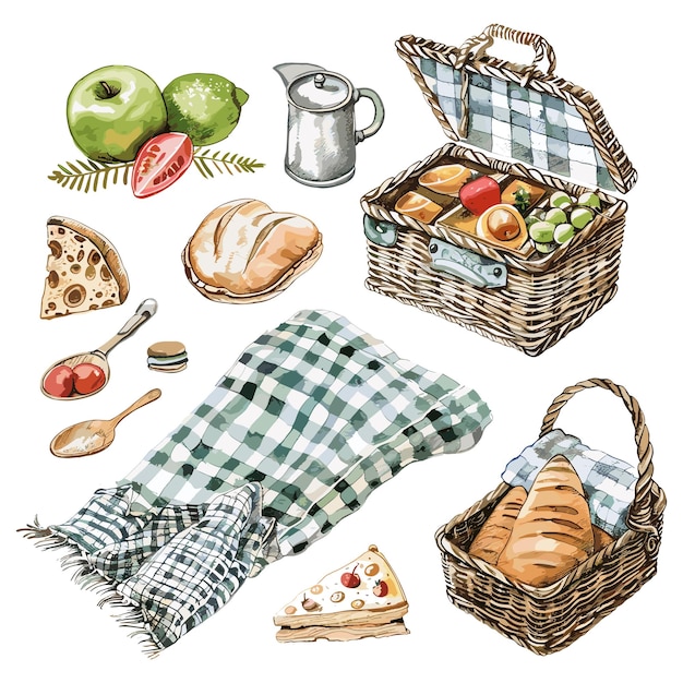 Picnic Basket with Food and Blanket Watercolor Illustration