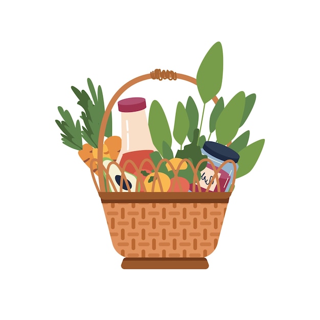 Picnic basket with food and drinks isolated cartoon icon flat wicker container with handle