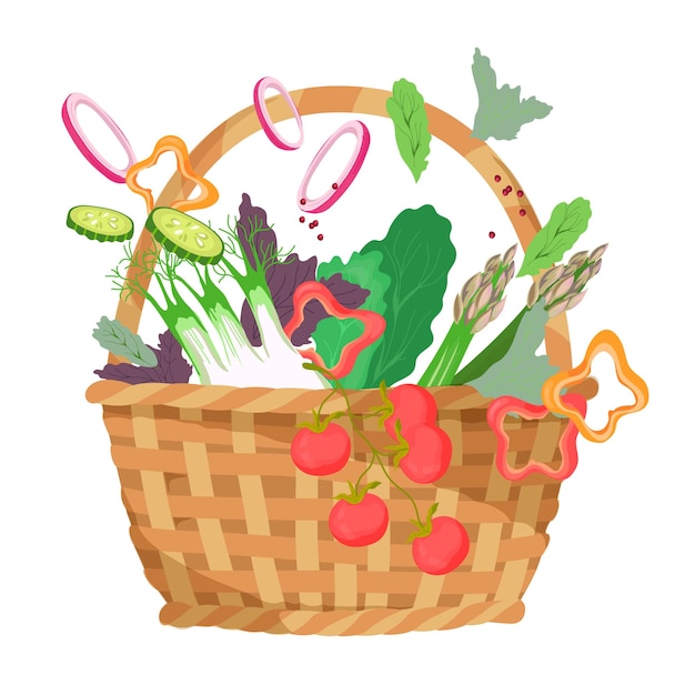 Picnic basket with food for summer outdoor recreation flat vector illustration isolated on white background Summer picnic basket with snacks Harvest of vegetables in hamper